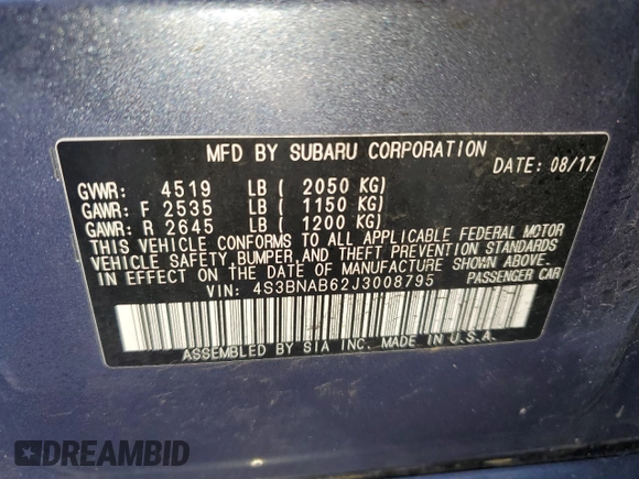 2018 Subaru Legacy with VIN 4S3BNAB62J3008795, listed as a Copart auction lot 50188493 with 66,101 mi miles. Bid and sale history available at carsss.com. Image 15.