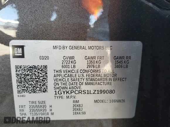 2020 Cadillac XT6 FWD Premium Luxury with VIN 1GYKPCRS1LZ199080, listed as a Copart auction lot 52252865 with 68,494 mi miles and Salvage title. Bid and sale history available at DreamBid. Image 14.