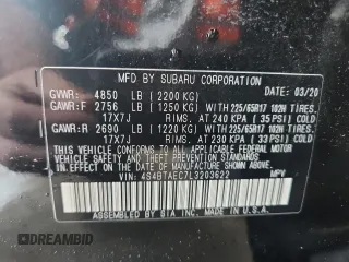 2020 Subaru Outback Premium with VIN 4S4BTAEC7L3203622, listed as a Copart auction lot 61384565 with Not provided miles and Salvage title. Bid and sale history available at DreamBid. Image 12.