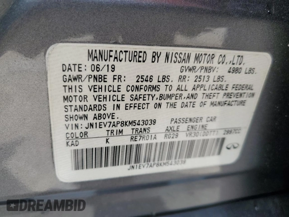 2019 Infiniti Q50 Luxe with VIN JN1EV7AP8KM543039, listed as a Copart auction lot 61196104 with 68,084 mi miles and Non repairable. Bid and sale history available at DreamBid. Image 12.