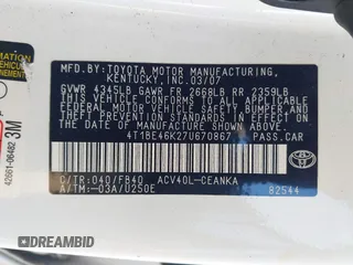 2007 Toyota Camry CE z VIN 4T1BE46K27U670867, wystawiony jako IAAI lot #42398921 z przebiegiem 142 655 mil mil oraz . Historia ofert i sprzedaży dostępna na DreamBid. Obrazek 9.