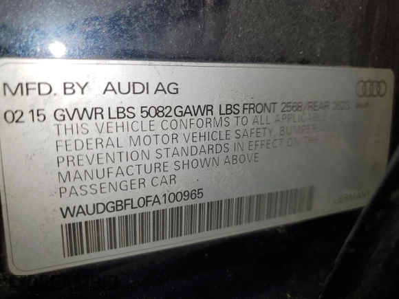 2015 Audi S4 Premium Plus with VIN WAUDGBFL0FA100965, listed as a Copart auction lot 47774185 with 112,002 mi miles and Salvage Title. Bid and sale history available at carsss.com. Image 12.