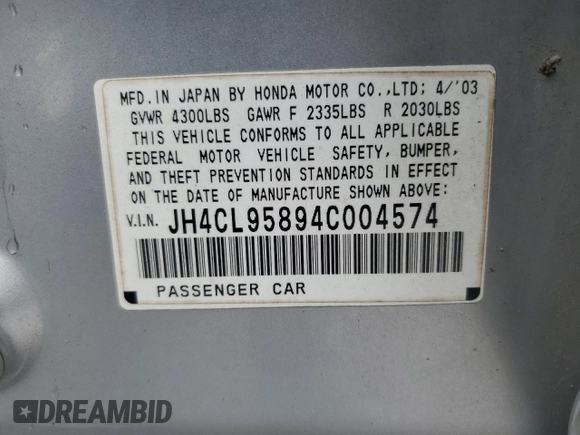 2004 Acura TSX with VIN JH4CL95894C004574, listed as a Copart auction lot 50133715 with 267,003 mi miles and Clean title. Bid and sale history available at DreamBid. Image 12.