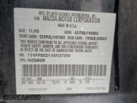 2004 Mazda Mazda6 s with VIN 1YVFP80D145N37390, listed as a Copart auction lot 81609884 with 236,675 mi miles and Salvage Title. Bid and sale history available at carsss.com. Image 12.