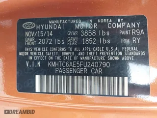 2015 Hyundai Veloster Turbo with VIN KMHTC6AE5FU240790, listed as a IAAI auction lot 41497795 with 180,601 mi miles. Bid and sale history available at carsss.com. Image 9.