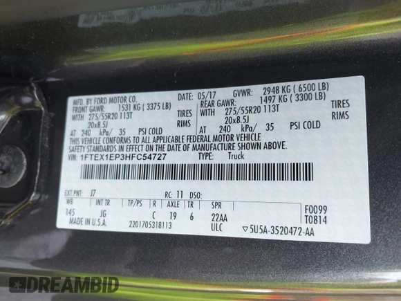 2017 Ford F-150 XL with VIN 1FTEX1EP3HFC54727, listed as a IAAI auction lot 41462133 with 87,250 mi miles. Bid and sale history available at carsss.com. Image 9.