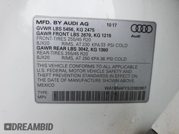 2018 Audi Q5 Premium Plus with VIN WA1BNAFY3J2082867, listed as a Copart auction lot 61017895 with 85,070 mi miles and Salvage title. Bid and sale history available at DreamBid. Image 13.