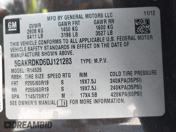 2013 Buick Enclave Premium with VIN 5GAKRDKD6DJ121283, listed as a IAAI auction lot 41965667 with 133,231 mi miles and . Bid and sale history available at DreamBid. Image 9.