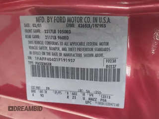 2001 Ford Mustang Standard with VIN 1FAFP40421F191957, listed as a IAAI auction lot 42005976 with 52,882 mi miles. Bid and sale history available at carsss.com. Image 9.