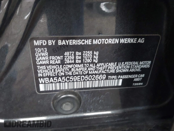2014 BMW 5 Series 528i with VIN WBA5A5C59ED502669, listed as a IAAI auction lot 42137288 with 241,278 mi miles. Bid and sale history available at carsss.com. Image 9.