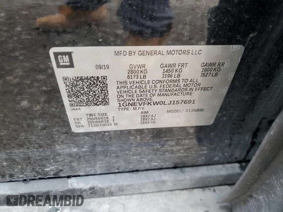 2020 Chevrolet Traverse LS with VIN 1GNEVFKW0LJ157691, listed as a Copart auction lot 52372065 with 159,689 mi miles and Salvage title. Bid and sale history available at DreamBid. Image 13.