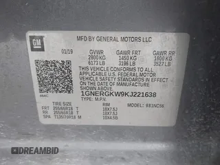 2019 Chevrolet Traverse LT Cloth with VIN 1GNERGKW9KJ221638, listed as a IAAI auction lot 41913049 with 151,632 mi miles. Bid and sale history available at carsss.com. Image 9.