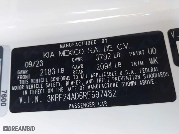 2024 Kia Forte LXS with VIN 3KPF24AD6RE697482, listed as a IAAI auction lot 41432404 with 17,995 mi miles. Bid and sale history available at carsss.com. Image 9.