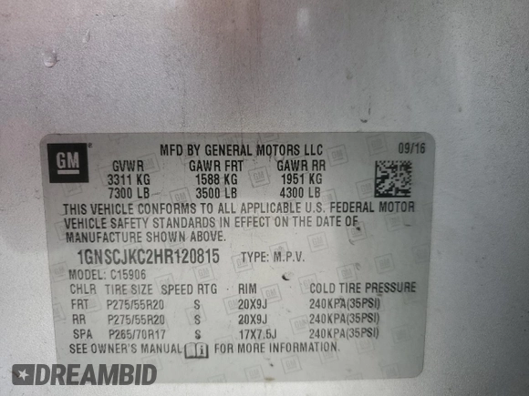 2017 Chevrolet Suburban Premier with VIN 1GNSCJKC2HR120815, listed as a Copart auction lot 43729155 with 96,553 mi miles and Salvage title. Bid and sale history available at DreamBid. Image 13.