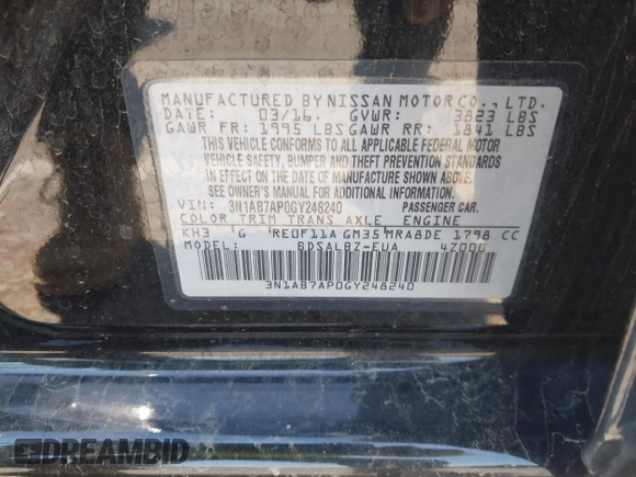 2016 Nissan Sentra SV with VIN 3N1AB7AP0GY248240, listed as a IAAI auction lot 42074431 with 151,186 mi miles and . Bid and sale history available at DreamBid. Image 9.