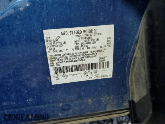 2020 Ford Edge SE with VIN 2FMPK3G92LBB59065, listed as a Copart auction lot 59282815 with 56,365 mi miles and Salvage title. Bid and sale history available at DreamBid. Image 14.