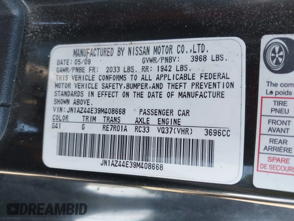 2009 Nissan 370Z Touring with VIN JN1AZ44E39M408668, listed as a IAAI auction lot 41231840 with 93,826 mi miles and . Bid and sale history available at DreamBid. Image 9.