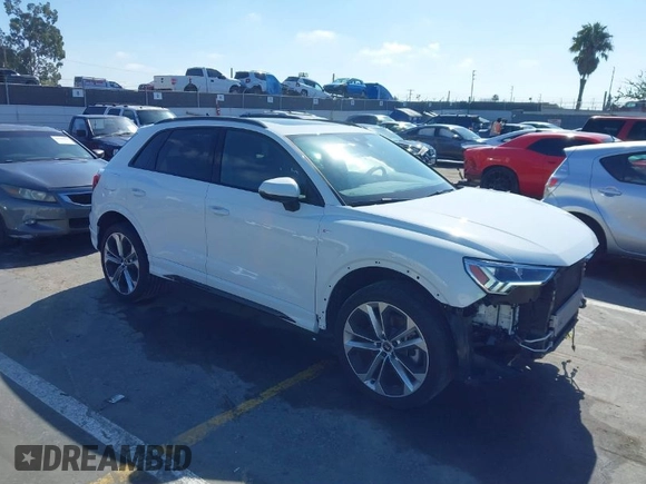2021 Audi Q3 S line Premium Plus with VIN WA1EECF31M1063905, listed as a IAAI auction lot 41588919 with 31,739 mi miles and . Bid and sale history available at DreamBid. Image 1.