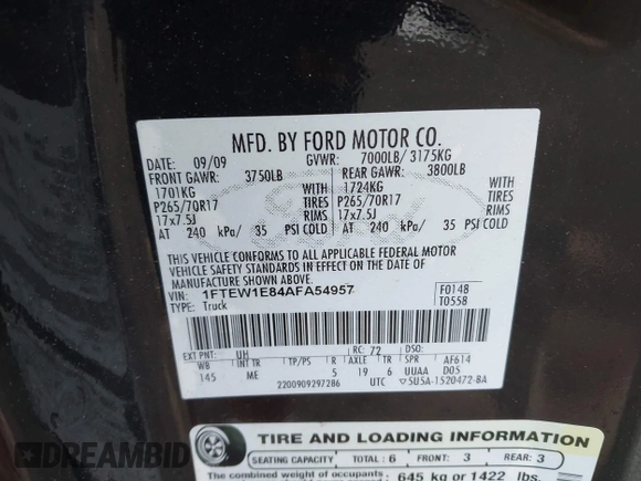 2010 Ford F-150 XL with VIN 1FTEW1E84AFA54957, listed as a IAAI auction lot 42456388 with 197,370 mi miles and . Bid and sale history available at DreamBid. Image 9.