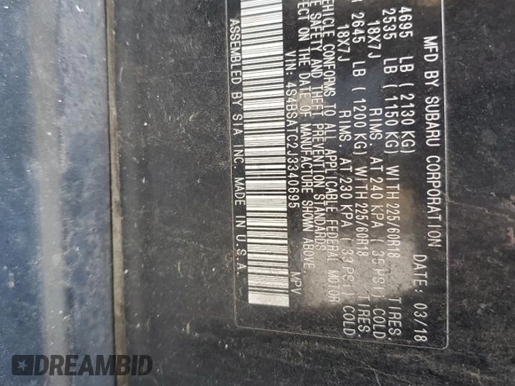2018 Subaru Outback Touring with VIN 4S4BSATC2J3340695, listed as a Copart auction lot 62158175 with 98,346 mi miles and Salvage title. Bid and sale history available at DreamBid. Image 13.