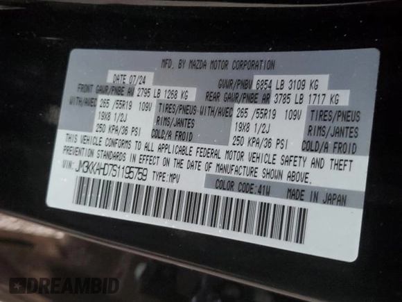 2025 Mazda CX-90 Select with VIN JM3KKAHD7S1195759, listed as a Copart auction lot 84072584 with Not provided miles and Salvage title. Bid and sale history available at DreamBid. Image 14.