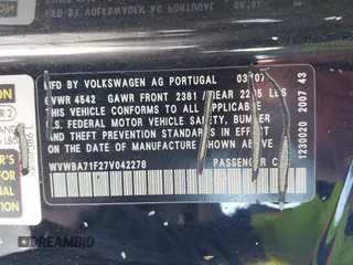 2007 Volkswagen Eos 2.0T with VIN WVWBA71F27V042278, listed as a IAAI auction lot 41768299 with 208,346 mi miles and . Bid and sale history available at DreamBid. Image 9.