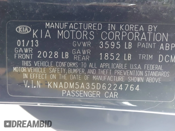 2013 Kia Rio LX with VIN KNADM5A35D6224764, listed as a IAAI auction lot 42004548 with 103,582 mi miles. Bid and sale history available at carsss.com. Image 9.