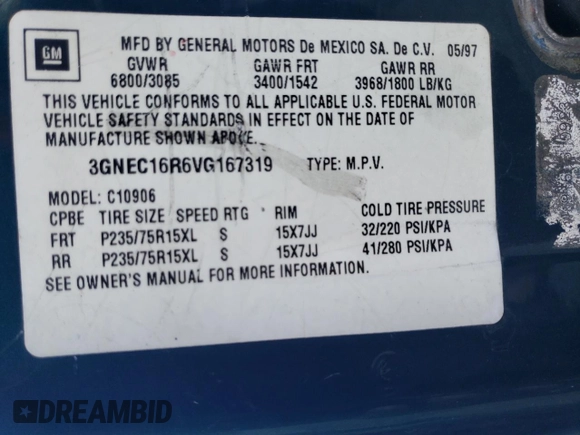 1997 Chevrolet Suburban with VIN 3GNEC16R6VG167319, listed as a Copart auction lot 77485194 with 188,479 mi miles and Salvage Title. Bid and sale history available at carsss.com. Image 15.