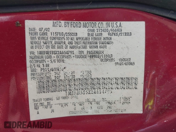 2002 Mercury Sable LS Premium with VIN 1MEFM55SX2A654795, listed as a IAAI auction lot 42146891 with 154,739 mi miles and . Bid and sale history available at DreamBid. Image 9.