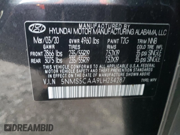 2020 Hyundai Santa Fe Limited with VIN 5NMS5CAA9LH234287, listed as a Copart auction lot 81342104 with 13,639 mi miles and Salvage Title. Bid and sale history available at carsss.com. Image 13.