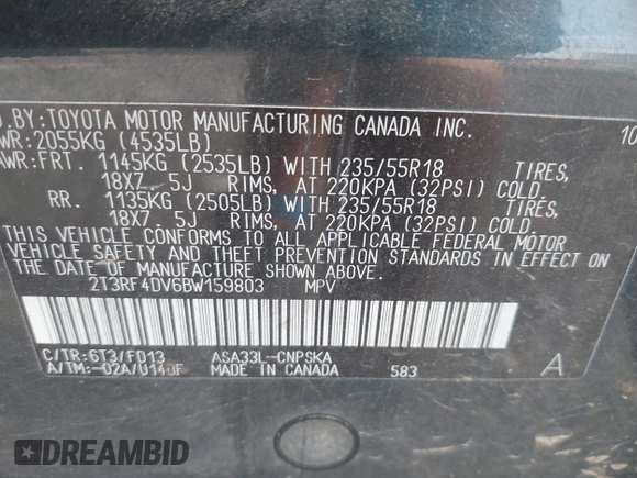 2011 Toyota RAV4 Sport with VIN 2T3RF4DV6BW159803, listed as a IAAI auction lot 42651015 with 196,117 mi miles and . Bid and sale history available at DreamBid. Image 9.