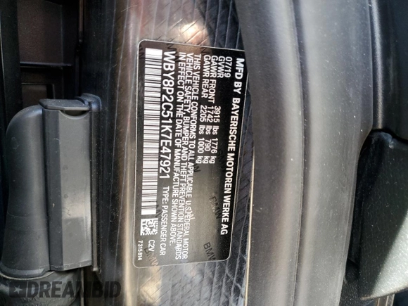 2019 BMW i3 with VIN WBY8P2C51K7E47921, listed as a Copart auction lot 79362334 with 17,375 mi miles and Salvage Title. Bid and sale history available at carsss.com. Image 14.