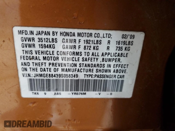 2009 Honda Fit Sport z VIN JHMGE88439S058349, wystawiony jako Copart lot #56873185 z przebiegiem 117 523 mil mil oraz Szkoda całkowita • Salvage title. Historia ofert i sprzedaży dostępna na DreamBid. Obrazek 12.