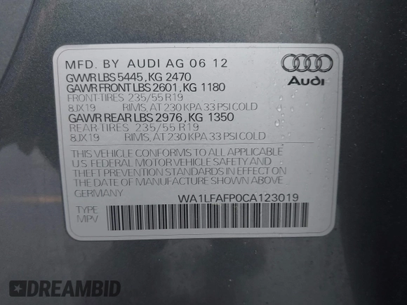 2012 Audi Q5 Premium Plus z VIN WA1LFAFP0CA123019, wystawiony jako IAAI lot #42439541 z przebiegiem 188 588 mil mil oraz . Historia ofert i sprzedaży dostępna na DreamBid. Obrazek 9.