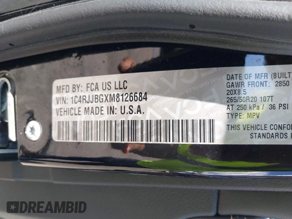 2021 Jeep Grand Cherokee Limited with VIN 1C4RJJBGXM8126684, listed as a IAAI auction lot 42664079 with 54,504 mi miles and . Bid and sale history available at DreamBid. Image 9.