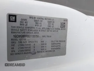 2016 Chevrolet Express Cargo Van with VIN 1GCWGBFF8G1135759, listed as a IAAI auction lot 41452031 with 96,893 mi miles. Bid and sale history available at carsss.com. Image 9.
