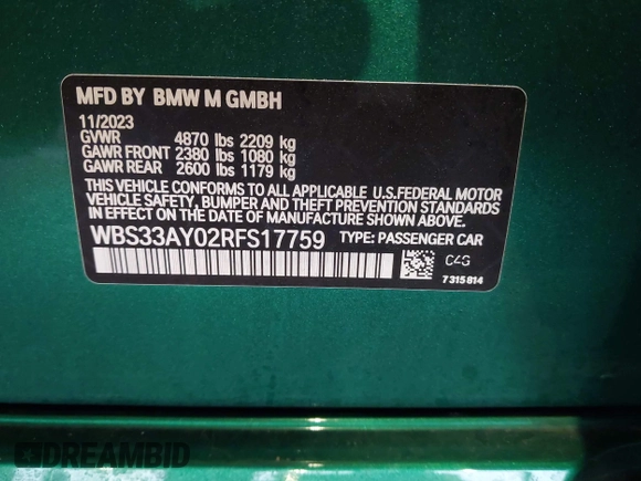 2024 BMW M3 Competition with VIN WBS33AY02RFS17759, listed as a IAAI auction lot 40945738 with 8,121 mi miles and . Bid and sale history available at DreamBid. Image 9.