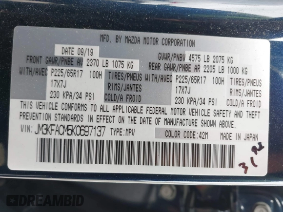 2019 Mazda CX-5 Touring with VIN JM3KFACM5K0697137, listed as a IAAI auction lot 41720253 with 50,416 mi miles. Bid and sale history available at carsss.com. Image 9.
