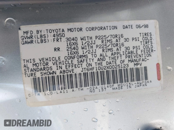 1999 Lexus RX 300 z VIN JT6HF10U2X0025123, wystawiony jako IAAI lot #42317621 z przebiegiem 158 140 mil mil oraz . Historia ofert i sprzedaży dostępna na DreamBid. Obrazek 9.