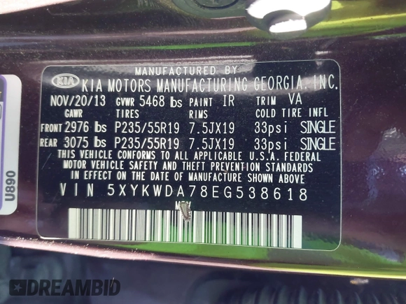 2014 Kia Sorento SX with VIN 5XYKWDA78EG538618, listed as a IAAI auction lot 40943738 with 162,208 mi miles and . Bid and sale history available at DreamBid. Image 9.