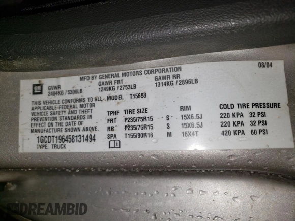 2005 Chevrolet Colorado LS Z71 z VIN 1GCDT196458131494, wystawiony jako Copart lot #50412305 z przebiegiem 149 267 mil mil oraz Szkoda całkowita • Salvage title. Historia ofert i sprzedaży dostępna na DreamBid. Obrazek 12.
