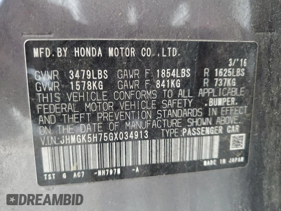 2016 Honda Fit EX with VIN JHMGK5H75GX034913, listed as a Copart auction lot 63948425 with 106,684 mi miles and Salvage title. Bid and sale history available at DreamBid. Image 12.