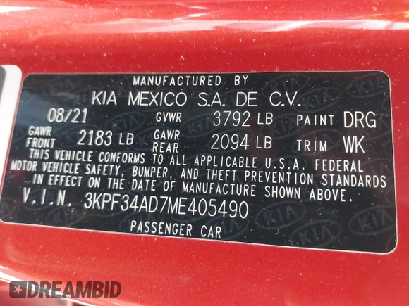 2021 Kia Forte GT-Line with VIN 3KPF34AD7ME405490, listed as a IAAI auction lot 41639170 with 26,808 mi miles. Bid and sale history available at carsss.com. Image 9.