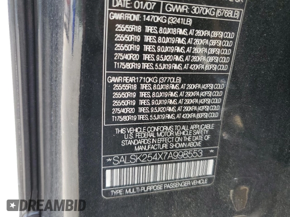 2007 Land Rover Range Rover Sport HSE with VIN SALSK254X7A998553, listed as a Copart auction lot 60889735 with Not provided miles and Salvage title. Bid and sale history available at DreamBid. Image 12.