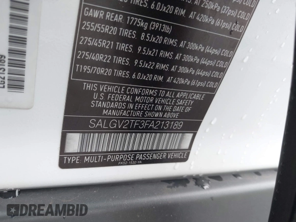 2015 Land Rover Range Rover Autobiography with VIN SALGV2TF3FA213189, listed as a IAAI auction lot 41557954 with 116,427 mi miles and . Bid and sale history available at DreamBid. Image 9.