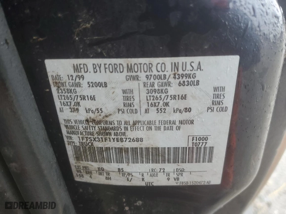 2000 Ford Super Duty F-350 SRW XL with VIN 1FTSX31F1YEB72688, listed as a Copart auction lot 44629215 with 262,552 mi miles and Salvage Title. Bid and sale history available at carsss.com. Image 12.