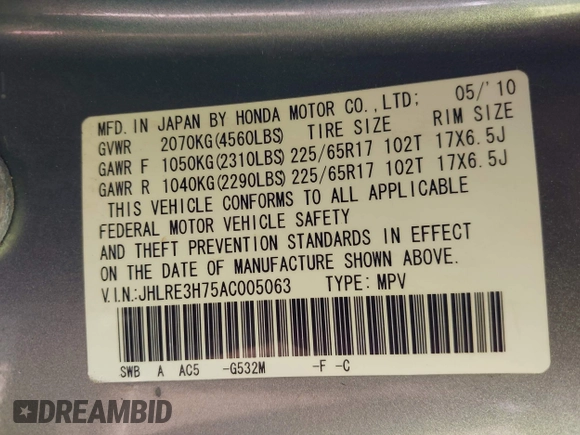 2010 Honda CR-V EX-L with VIN JHLRE3H75AC005063, listed as a IAAI auction lot 42208493 with 170,957 mi miles and . Bid and sale history available at carsss.com. Image 9.