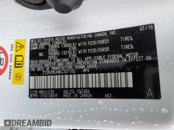 2019 Lexus RX 350 with VIN 2T2BZMCA8KC207105, listed as a Copart auction lot 40158103 with 6,842 mi miles and . Bid and sale history available at DreamBid. Image 12.