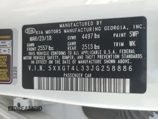 2018 Kia Optima S with VIN 5XXGT4L33JG258886, listed as a Copart auction lot 50762385 with 91,982 mi miles and Salvage title. Bid and sale history available at DreamBid. Image 12.