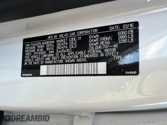 2016 Volvo XC90 T6 Inscription with VIN YV4A22PL4G1083914, listed as a IAAI auction lot 42019675 with 178,477 mi miles. Bid and sale history available at carsss.com. Image 8.